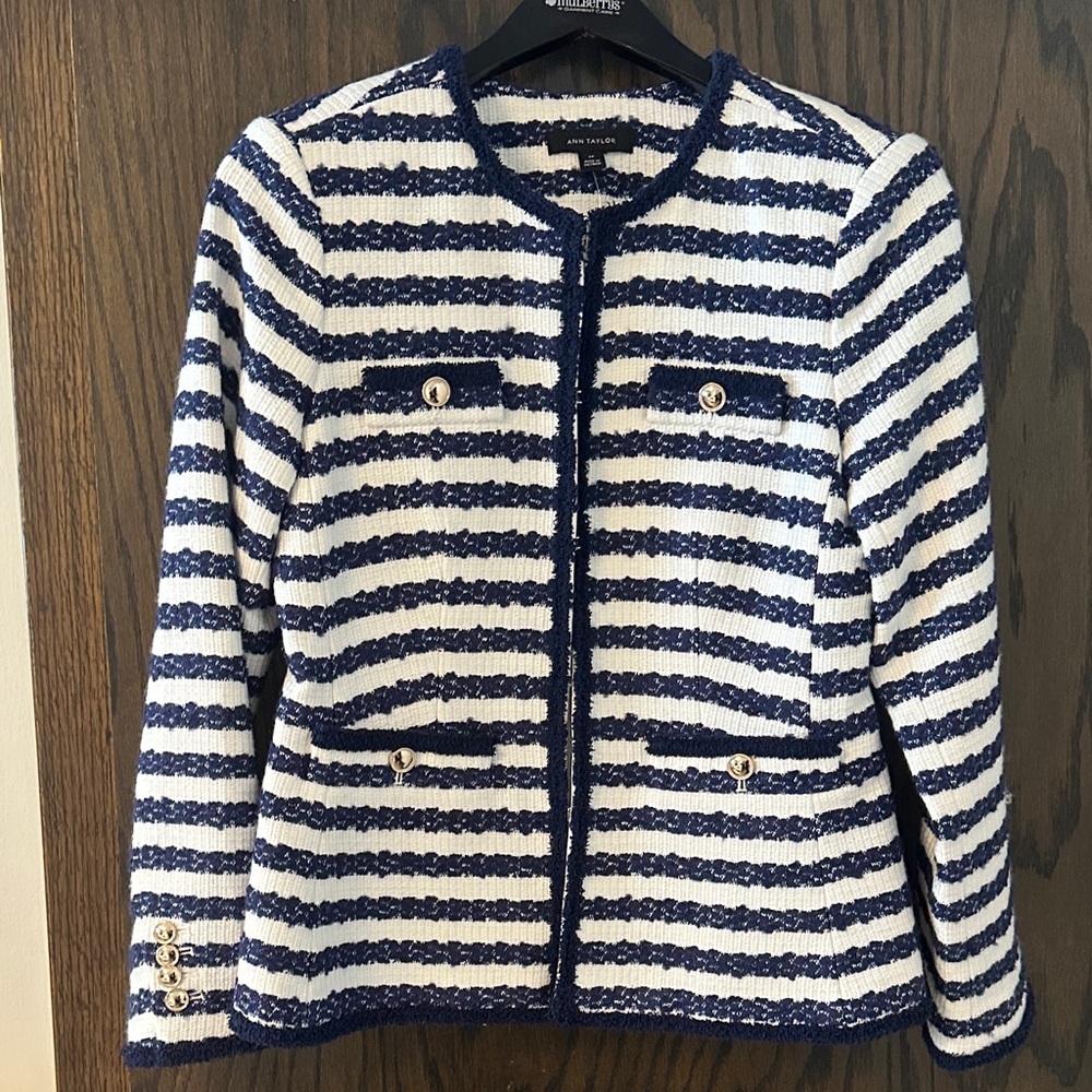 Ann Taylor Navy & White Striped Bouclé Tweed Jacket